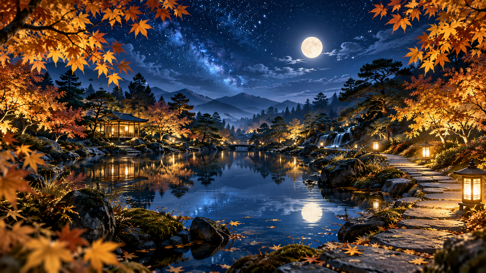 金色の紅葉と月明かりに包まれた、秋の星庭の静かな水面