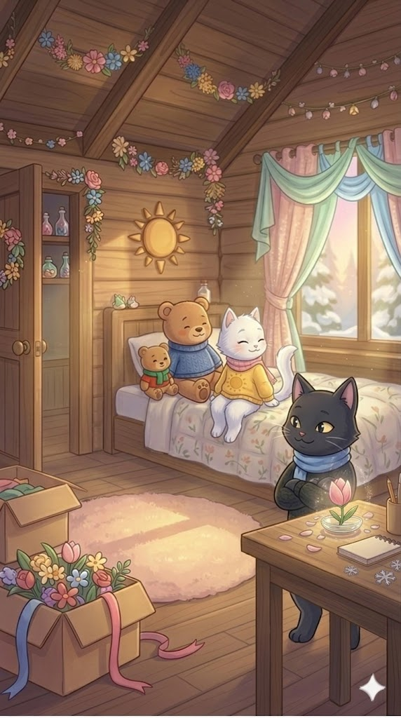 花で飾られた温かな部屋で過ごす、白猫のルミと黒猫のノクス
